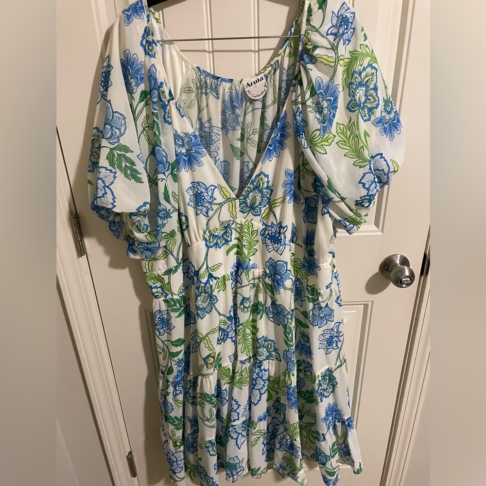 ARULA White Floral Midi Dress with Blue & Green Print